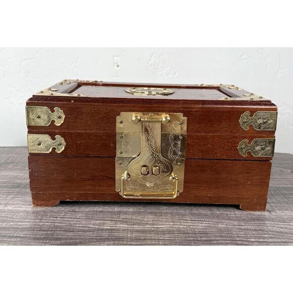 Vintage Asian Brass Inlay Wooden Jewelry Box Chest Organizer 11.5x7x5.5 - Picture 1 of 9